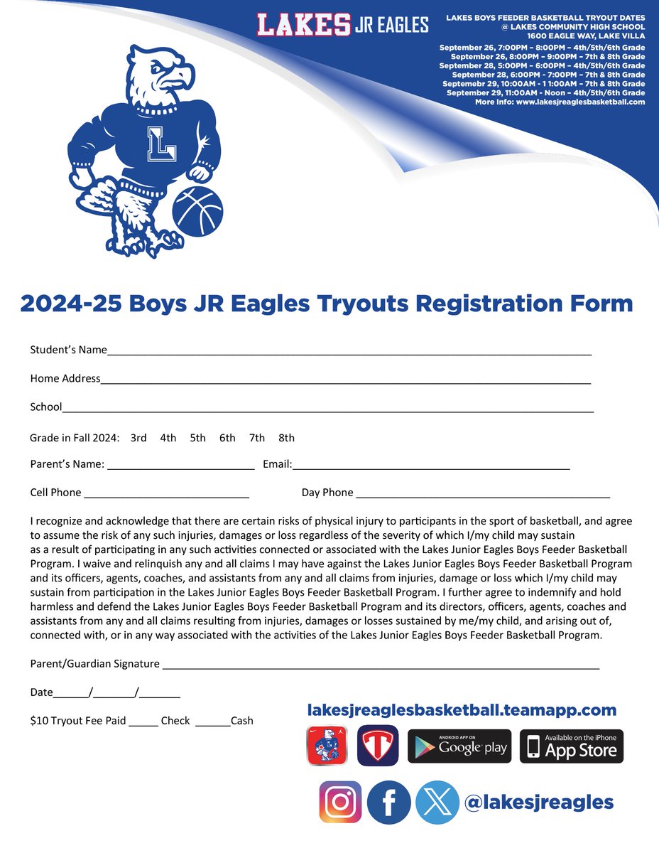 LakesJrEagles's tweet photo. Lakes JR 😡🦅 Boys 🏀 Tryouts:

-Sept 26: 4th, 5th &amp; 6th Grade 7-8pm
-Sept 26: 7th &amp; 8th Grade 8-9pm
-Sept 28: 4th, 5th &amp; 6th Grade 5-6pm
-Sept 28: 7th &amp; 8th Grade 6-7pm
-Sept 29: 7th &amp; 8th Grade 10-11am
-Sept 29: 4th, 5th &amp; 6th Grade 11am-Noon
-Oct 2: Registration Night 6-7:30pm https://t.co/Y7h72LB5Sy