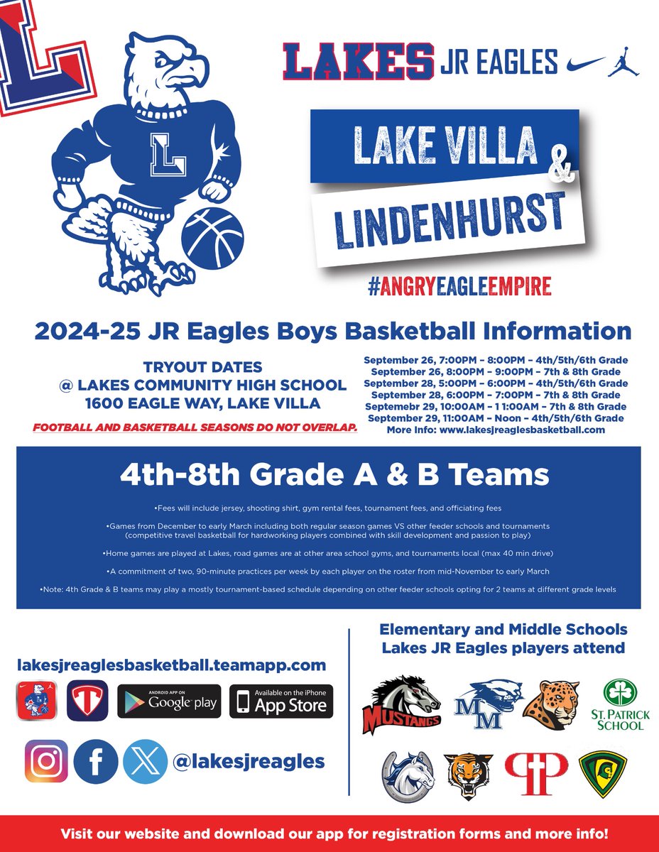 LakesJrEagles's tweet photo. Lakes JR 😡🦅 Boys 🏀 Tryouts:

-Sept 26: 4th, 5th &amp; 6th Grade 7-8pm
-Sept 26: 7th &amp; 8th Grade 8-9pm
-Sept 28: 4th, 5th &amp; 6th Grade 5-6pm
-Sept 28: 7th &amp; 8th Grade 6-7pm
-Sept 29: 7th &amp; 8th Grade 10-11am
-Sept 29: 4th, 5th &amp; 6th Grade 11am-Noon
-Oct 2: Registration Night 6-7:30pm https://t.co/Y7h72LB5Sy