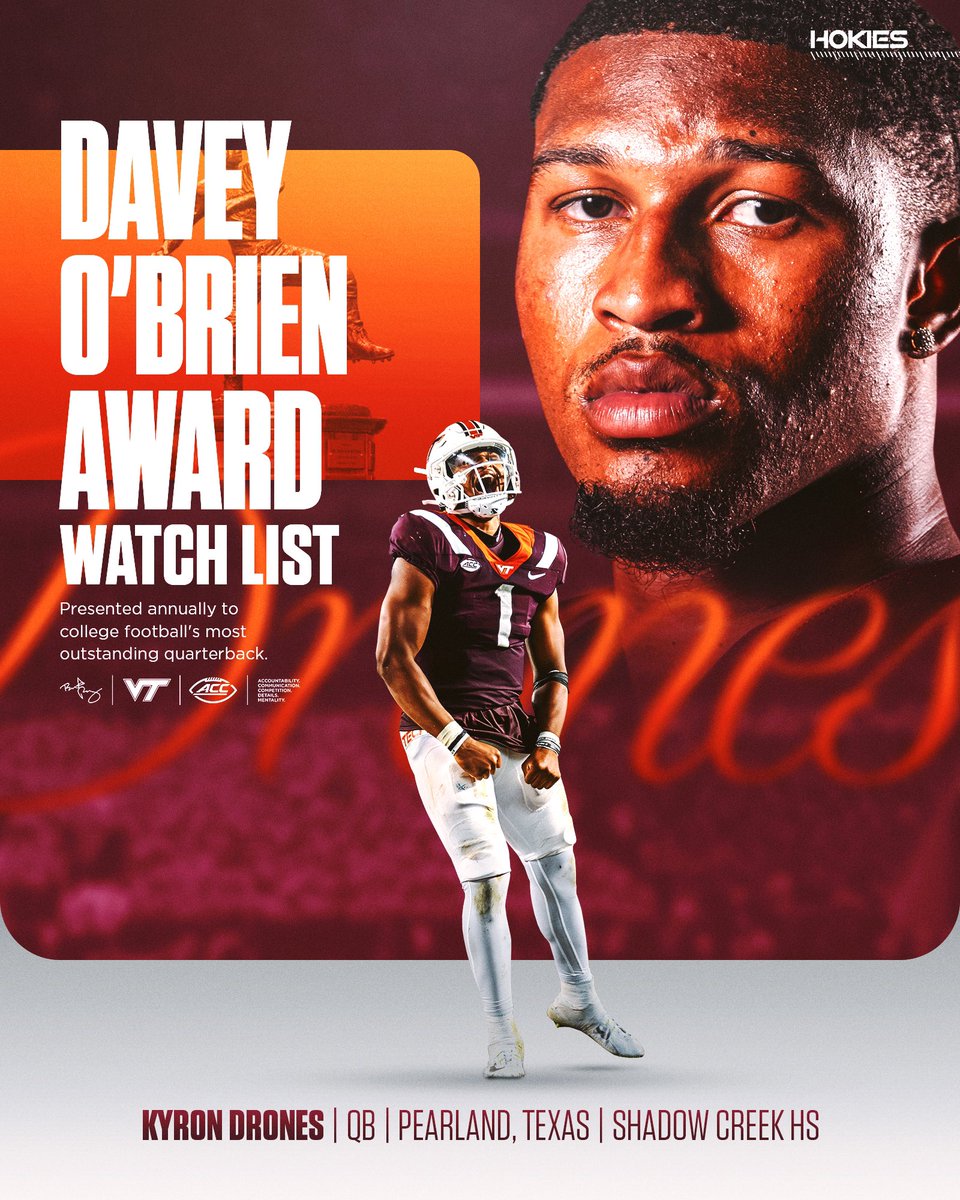 HokiesFB's tweet photo. QB1 😎

@KyronDrones has been named to the Davey O’Brien Award Watch List 👏

#ThisIsHome | @daveyobrien https://t.co/hFWs49j3pY