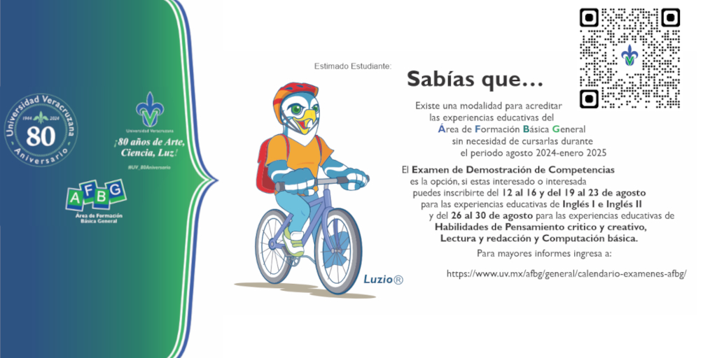AFBG_UV's tweet photo. Estimado Estudiante: Sabías que... 
Con el Examen de Demostración de Competencias puedes acreditar las experiencias educativas del Área de Formación Básica General sin necesidad de cursarlas, para mayores informes ingresa a: https://t.co/YdupPsJtJc 
#ConoceTuUniversidadUV https://t.co/W1pdqs1smV