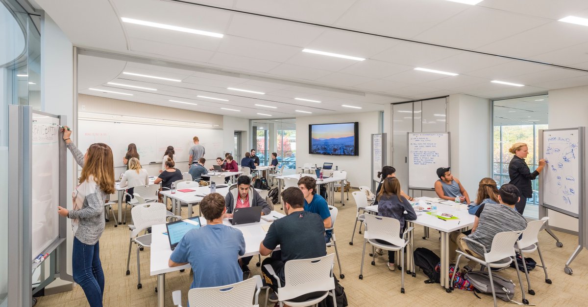 PageThink's tweet image. Active Learning Classrooms (ALCs) are revolutionizing the way we teach and learn by prioritizing flexibility, engagement, and inclusivity. Read more: bit.ly/3LVuL6u #ActiveLearning #EducationInnovation #FlexibleDesign 📸: David Sundberg + Anton Grassi/Esto; Robert Benson