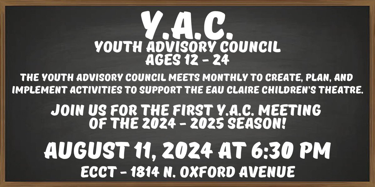 YAC members help run auditions, plan &amp; staff lobby activities, assist w Girl Scout events &amp; more. Meetings are the 2nd Sun of the month @ 6:30. Join us this Sun, Aug 11 for an organizational meeting. New members are encouraged &amp; welcome to attend. #ECCT36 #NewSeason #NewFriends