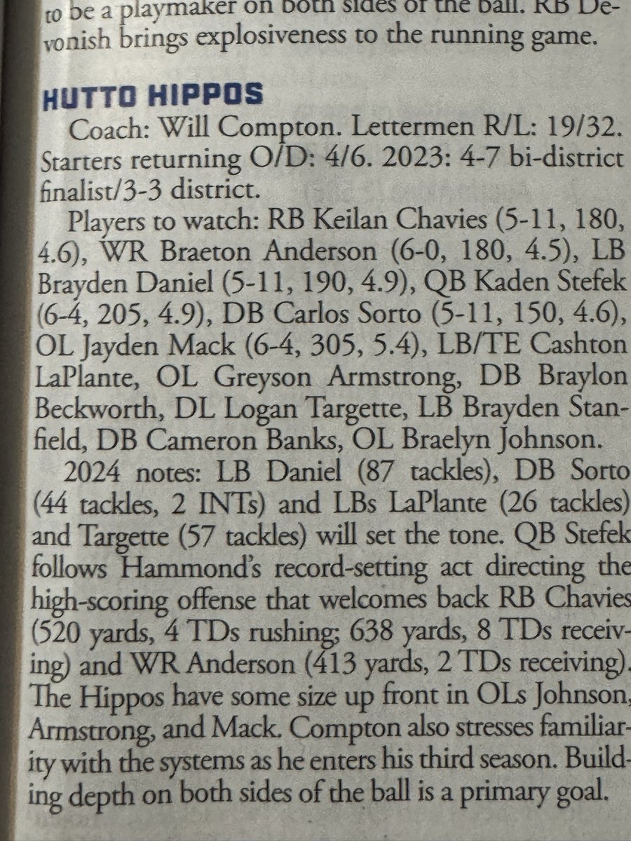 🚨NEXT UP.. <a href="/HuttoHS_Fball/">Hutto Football</a> 🚨
<a href="/CoachWCompton/">CoachComp</a> has some athletes that might surprise some folks in the district. <a href="/dctf/">Dave Campbell's — TexasFootball.com</a> has them 6th in the district, but with players like 
RB <a href="/KeilanKc/">Keilan Chavies '26</a> 
LB @Bdaniel_14 
OL <a href="/Bigmack5572/">Jayden mack</a> &amp; <a href="/braelyn_j3/">Braelyn Johnson</a> 
Along with QB <a href="/KadenStefek/">Kaden Stefek ‘26</a> 
Do not sleep on the
