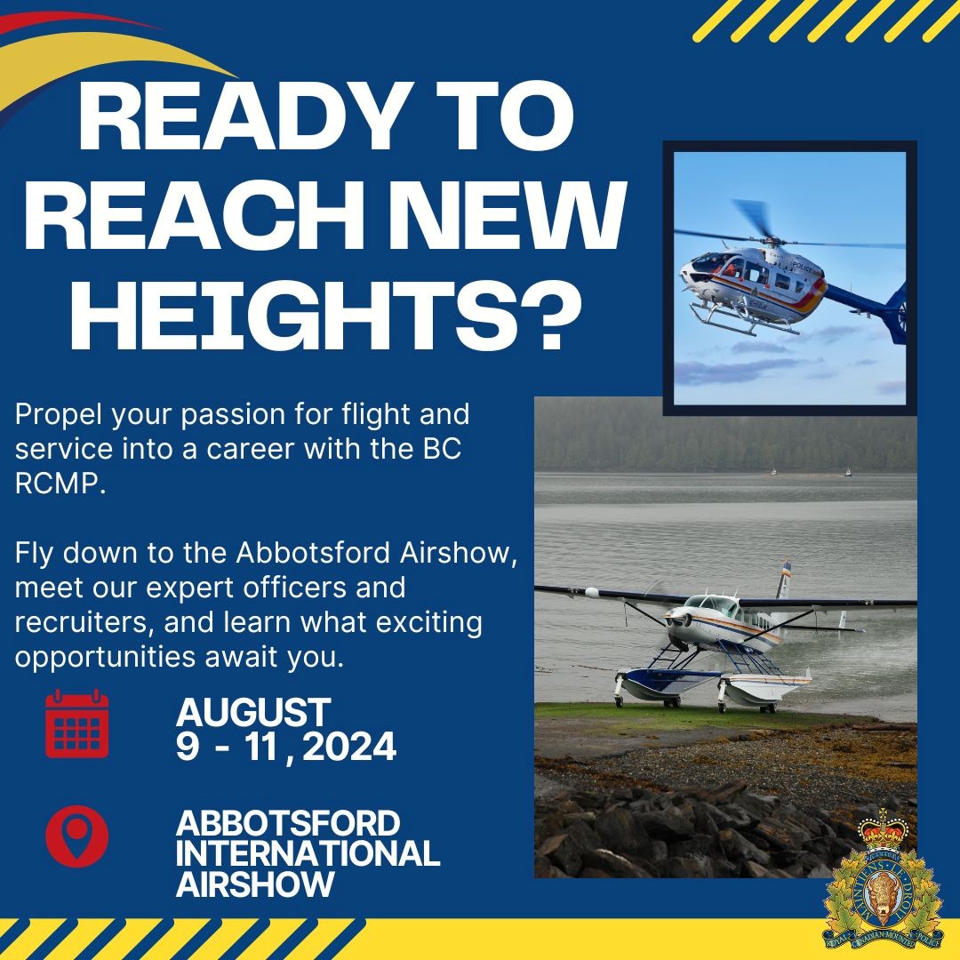 BCRCMP's tweet photo. Ready to reach new heights? Join the BC RCMP at the Abbotsford International Airshow this weekend, August 9-11, 2024, and explore exciting career opportunities with the RCMP’s largest Aviation unit in Canada!
#JoinRcmp #RcmpRecruiting #YourBCRCMP https://t.co/HVhcAo6vAU
