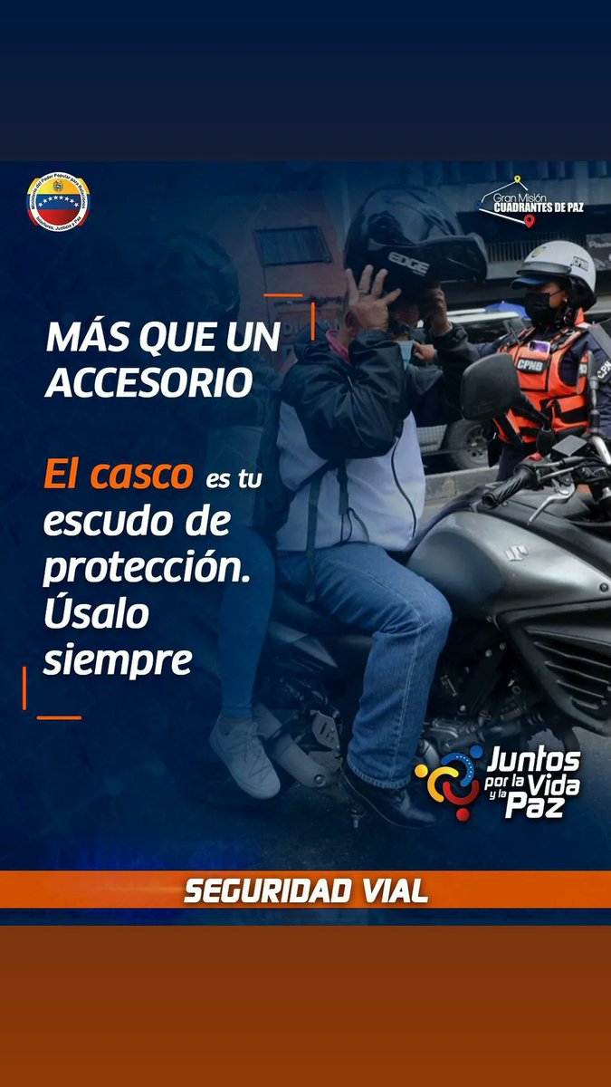 El Cuerpo de Policía Nacional Bolivariana te invita al uso del casco protector mientras manejas.

Tu vida merece una mejor protección.

#PuebloSonrienteYEnPaz