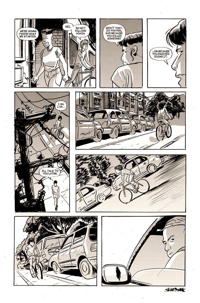pg 23 from Nose Bleed, this was one of my favorite pages to draw. i really pushed myself to draw those philly streets filled with cars. also bikes are a pain in the ass. but way easier to draw if you dont do the spokes.