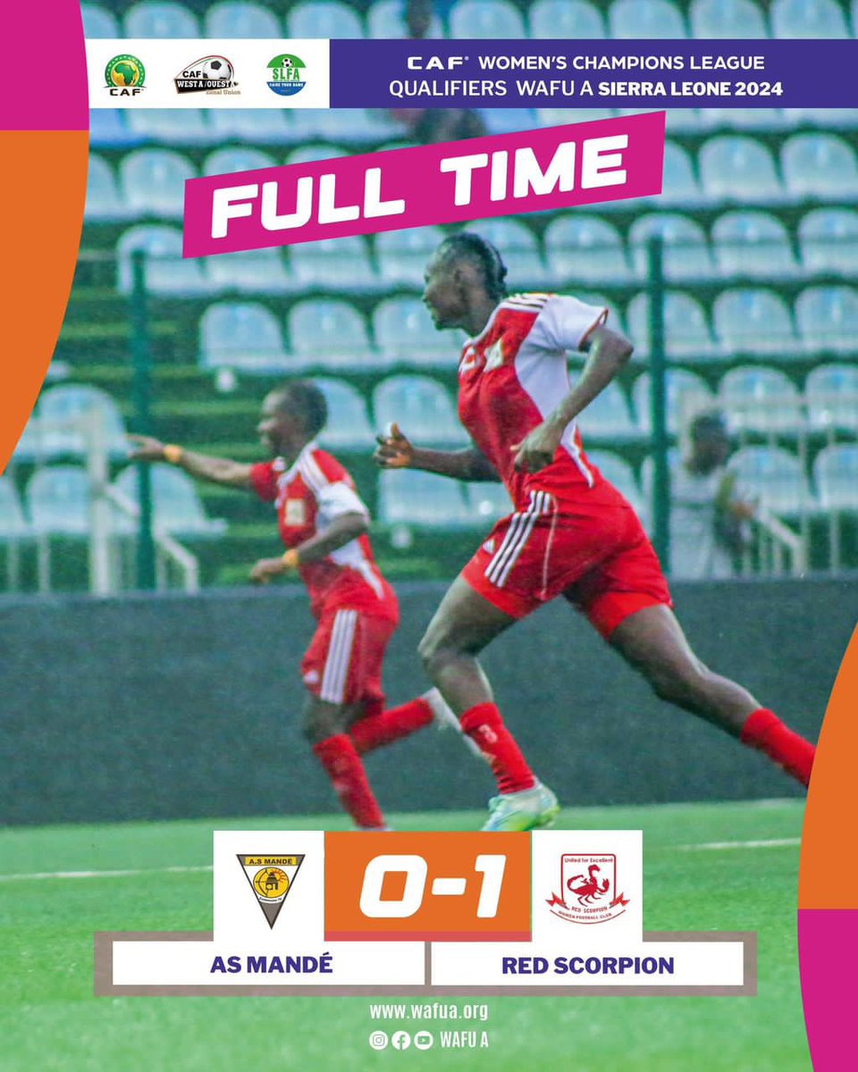 GamWomen's tweet photo. Red Scorpions defeated last year @a_wafu zone A champions AS Mandé (Mali) by 1-0.

A brilliant free-kick from last season’s GFF-W league one top scorer Kumba Kuyateh was the difference between the two teams. 

Kaddy Jatta named best player of match.

CONGRATULATIONS RED LADIES 👏 https://t.co/nMHMGDnOf4
