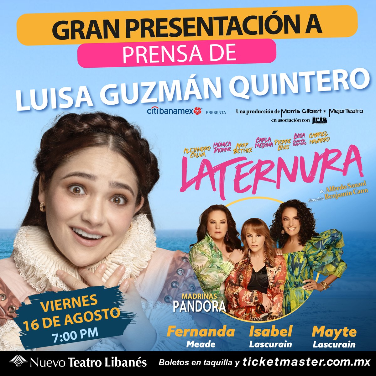 El próximo viernes es la presentación a prensa de <a href="/lguzmi/">Luisa Guzmán</a> en #LaTernura y sus madrinas serán <a href="/Isabellascurain/">Isabel Lascurain</a>, <a href="/maytelascurain/">Mayte Lascurain</a> y <a href="/fermeade/">Fernanda Meade</a> 🎙️.

📍 Nuevo Teatro Libanés
🩷 16 de ago ⏰ 7:00 p.m.
🧚‍♀️ Madrinas: <a href="/GrupoPandora/">Grupo Pandora</a>
🎟️ bit.ly/LuisaGuzmanLT