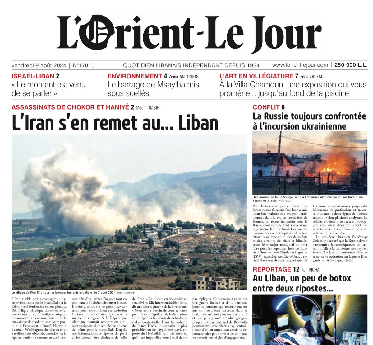 Karim Emile Bitar (@karimbitar) on Twitter photo 🇮🇷 🇮🇱 🇱🇧 “When two elephants fight, it is the grass that suffers” says the old African proverb.
According to journalist <a href="/mounir_rabih/">Mounir Rabih</a> of <a href="/LOrientLeJour/">L'Orient-Le Jour</a>, Iran might tone down its reaction, but the confrontation would take place in Lebanon
lorientlejour.com/article/142316…
“Si l’Iran 🇮🇷 🇮🇱 🇱🇧 “When two elephants fight, it is the grass that suffers” says the old African proverb.
According to journalist <a href="/mounir_rabih/">Mounir Rabih</a> of <a href="/LOrientLeJour/">L'Orient-Le Jour</a>, Iran might tone down its reaction, but the confrontation would take place in Lebanon
lorientlejour.com/article/142316…
“Si l’Iran