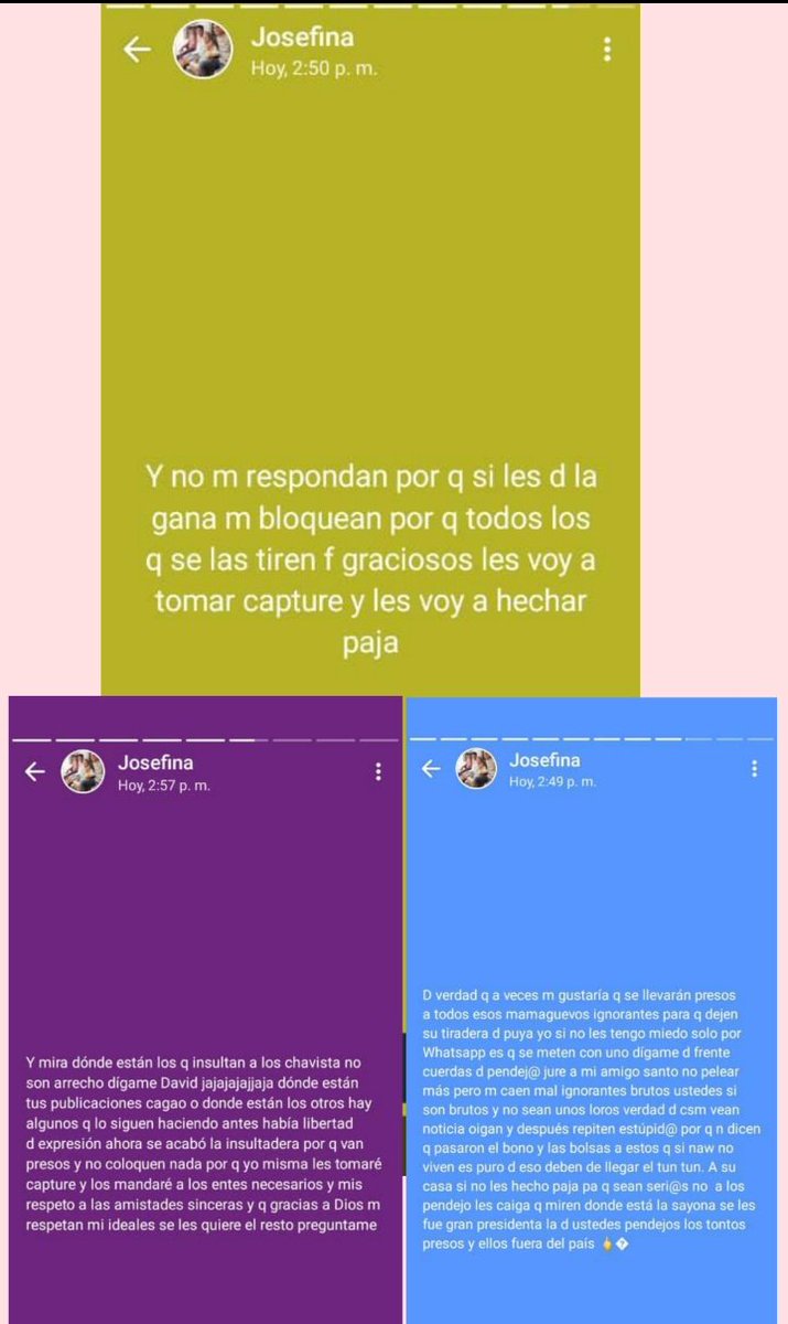 #ALERTA DE SAPO 
#LARA
 JOSEFINA  de  Cabudare,   amenaza a las personas por WhatsApp, qué si publican algo en contra del gobierno los va a sapear.
ALGUIEN HABLE CON ELLA X FAVOR