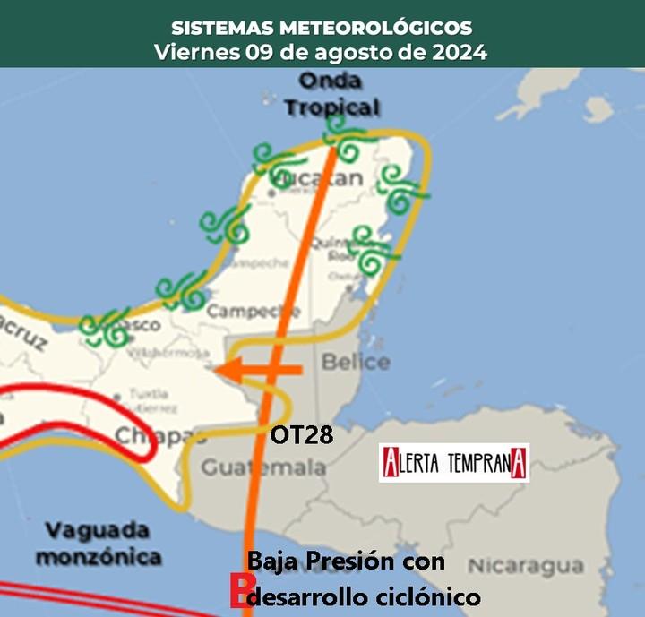 AlertaGt502's tweet photo. Pronóstico del Tiempo válido para el Viernes 09 de Agosto en Guatemala
1🇬🇹📝 Tránsito de robusta OndaTropical28 generando chubascos dispersos, vientos con rachas de hasta 40km/h, temperaturas máximas de 34ºC
#ClimaGt #TraficoGt #LluviasGt
#OT28 #OndaTropical28
#OT29 https://t.co/okDLyR2SRB