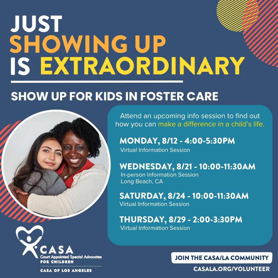 What exactly do you do as a #CASAVolunteer?
What can you expect while working 1:1 with a young person in #fostercare? 
We'll address these questions &amp; more in our #Volunteer Information Sessions! Sign up today. &gt;&gt; buff.ly/2H4fAZr 
#JustShowingUpIsExtraordinary #CASAofLA