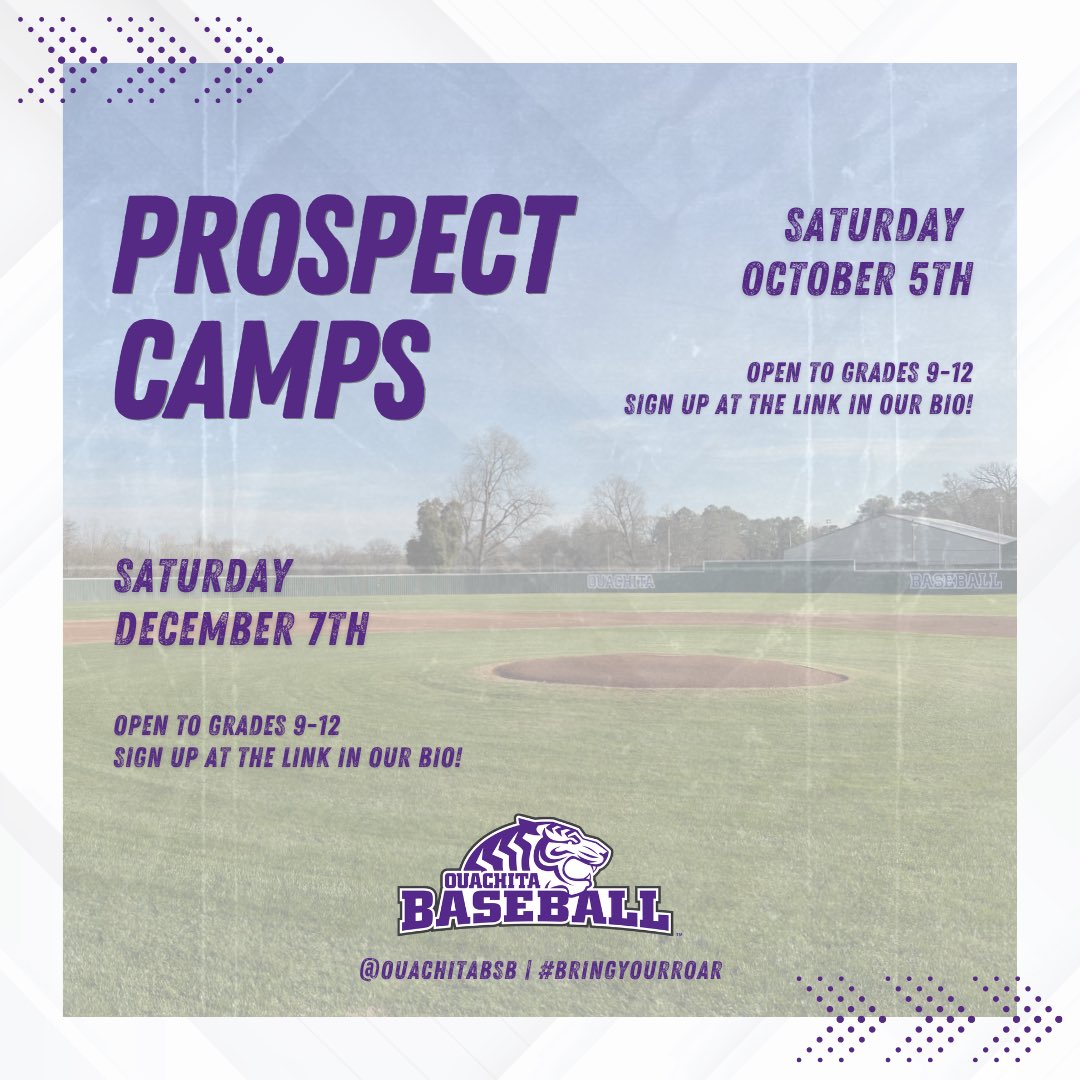 OuachitaBSB's tweet photo. Excited to announce our camp dates for this Fall/Winter 🐅 We will see you there! 🟣⚫️

#RollTigs | #BringYourRoar 🐅 https://t.co/QazQ3rPwv8