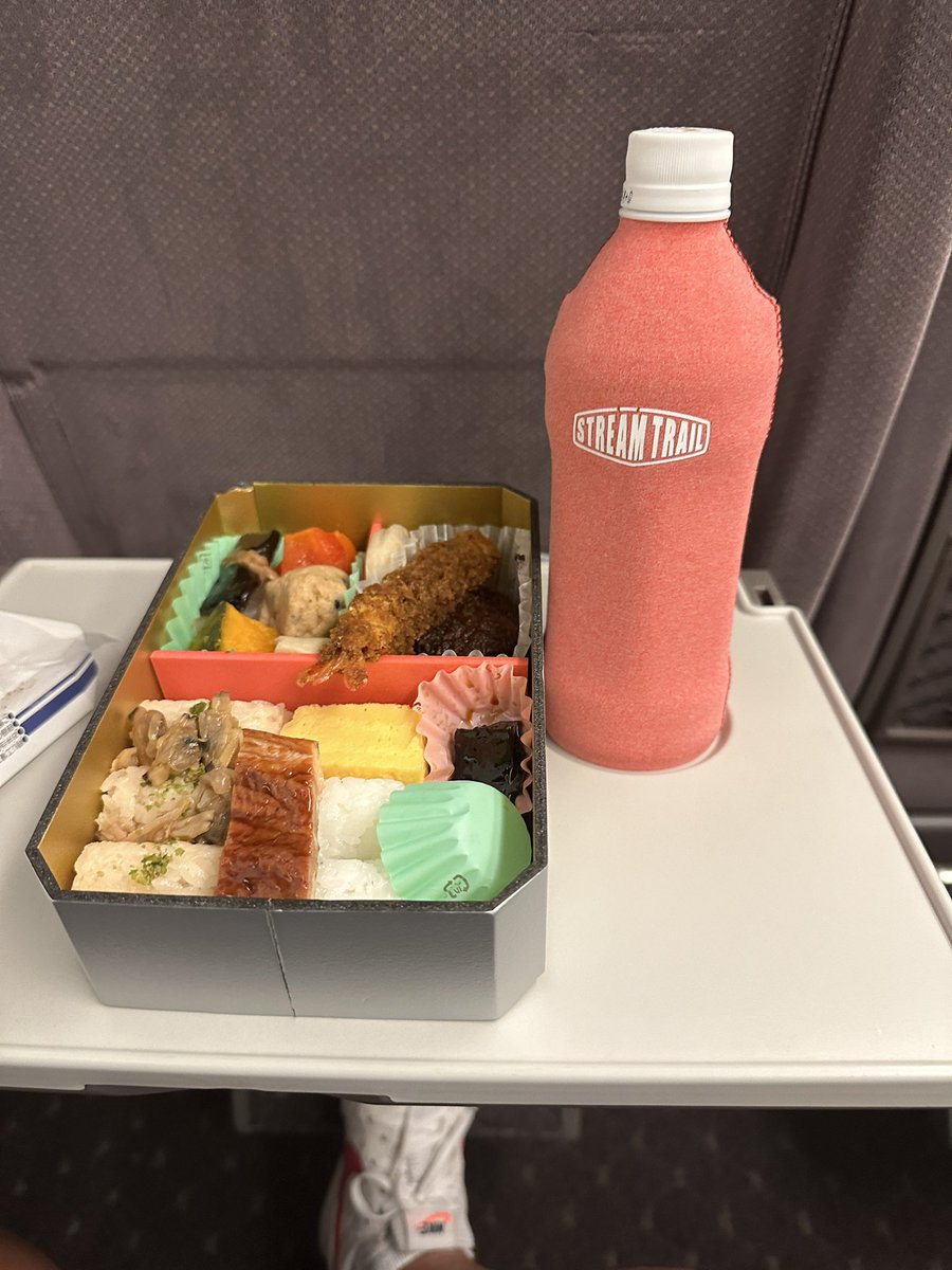stream_trail's tweet photo. 新幹線ではやっぱり新幹線弁当　ペットボトルカバーで少しは冷えキープ https://t.co/Rm253Qyo6m