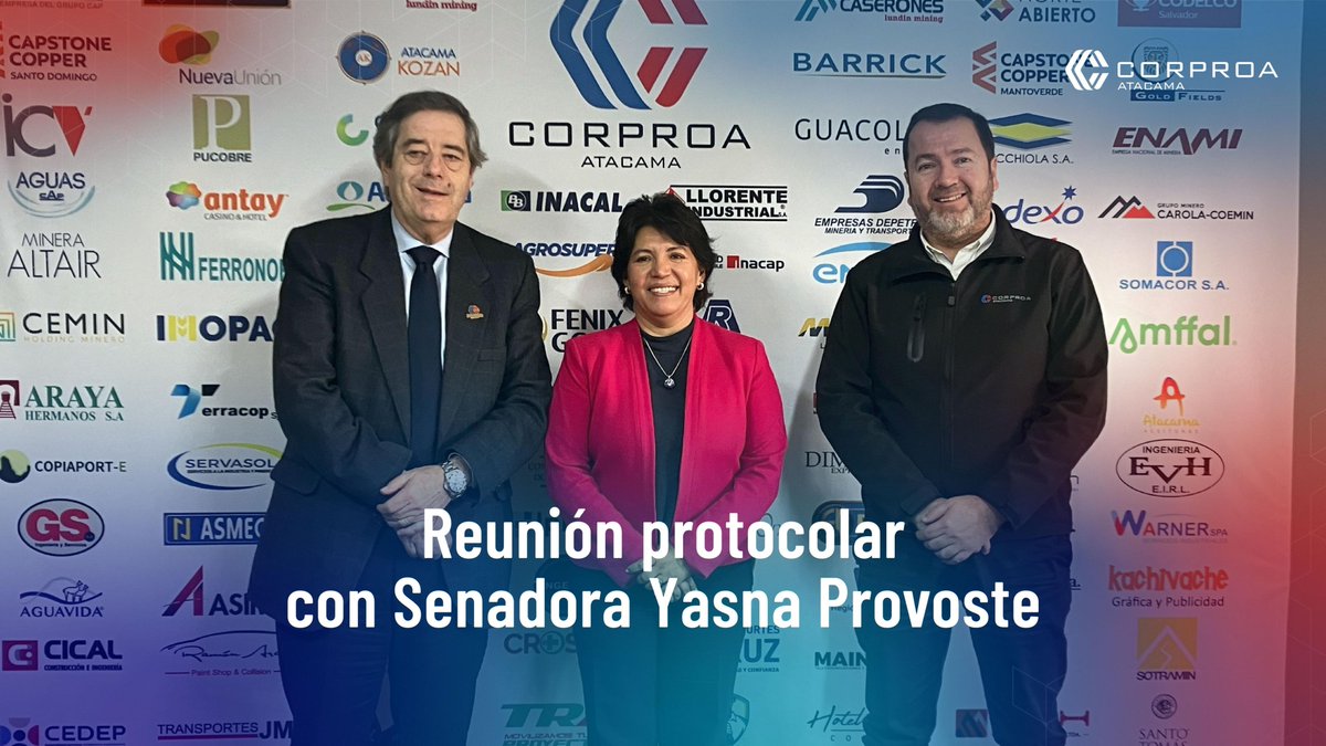 CORPROA's tweet photo. Una visita protocolar a las oficinas de CORPROA realizó la Senadora por Atacama, Yasna Provoste, para tratar diversos temas vinculados a la inversión y sustentabilidad regional.
En la imagen junto a Juan José Ronsecco Presidente y Andrés Rubilar, Gerente General de la Corporación https://t.co/6Ynxe8kHCy