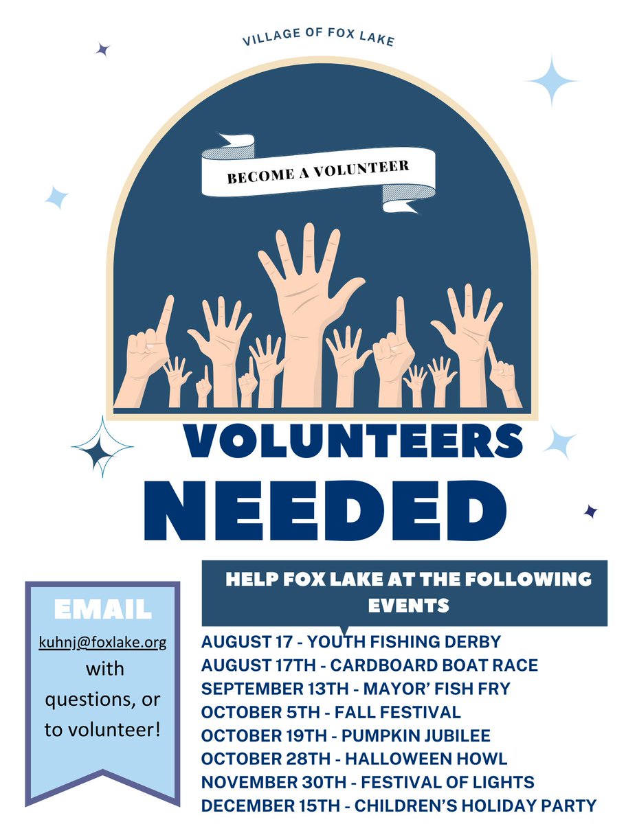 FoxLakeIL's tweet image. We are looking for volunteers for upcoming events and programs. Give back to your community, meet some very cool folks, and enjoy the beautiful lake views at the new Lakefront Park. It takes a village!

#villageoffoxlake