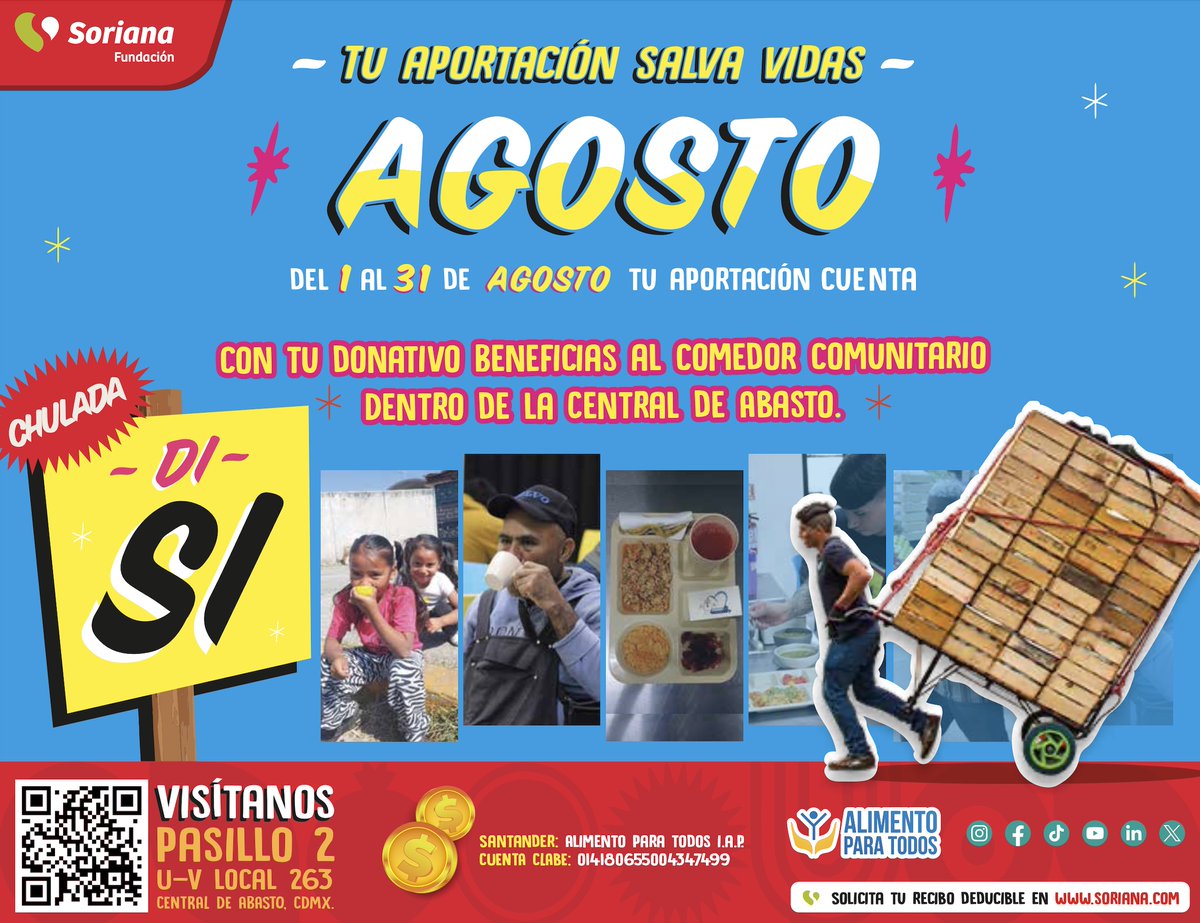 ¡Súmate a las diferentes campañas de aportación de clientes de <a href="/soriana/">alex</a> a lo largo del país!

Con tu donativo apoyamos al comedor comunitario de la #Centraldeabasto "Una comida para todos"

#CampañaAgosto 
#Aportacióndeclientes
#Comedorcomunitario