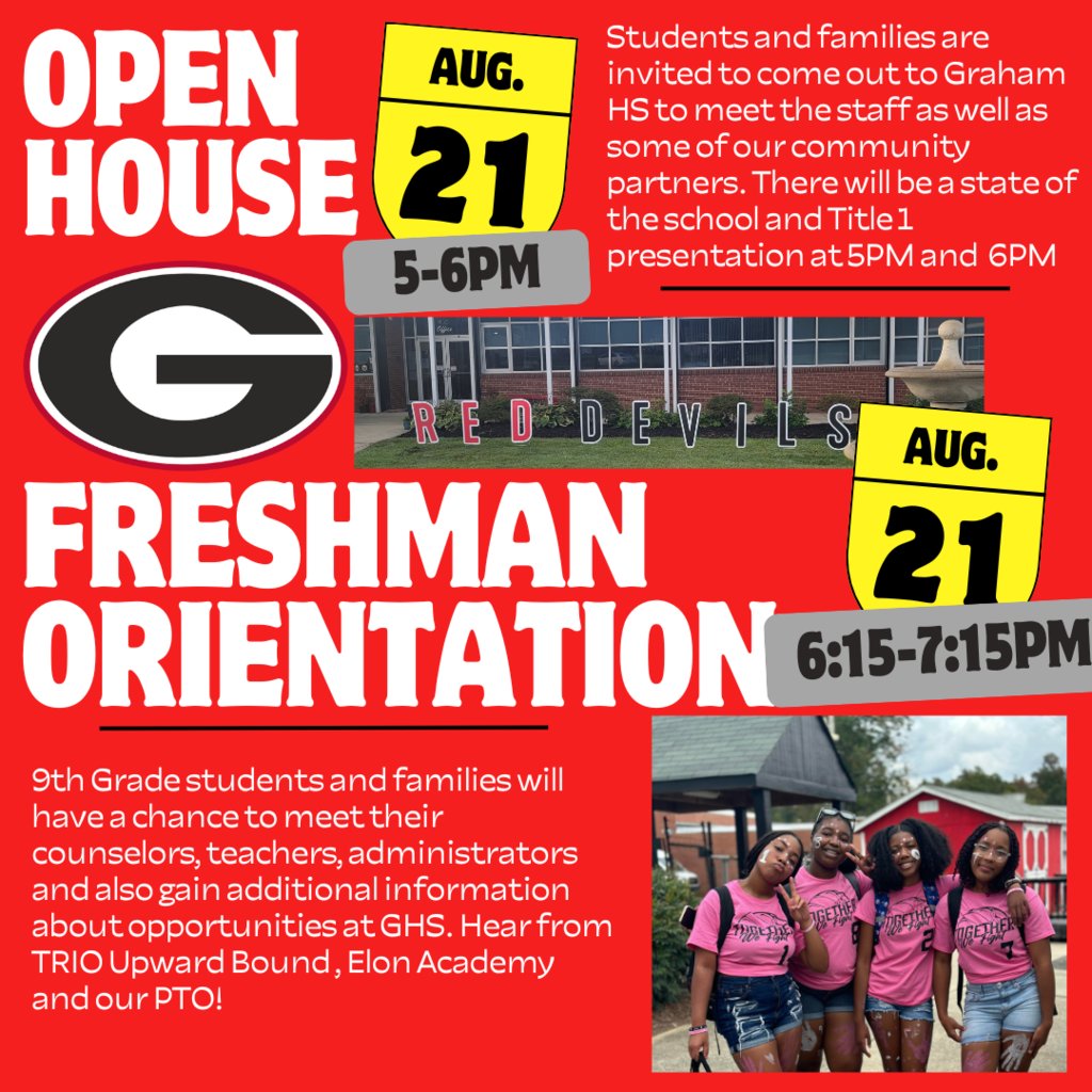 Come out to Open House/Freshman Orientation on Aug. 21.  Our Title 1 presentation and Freshman information sessions will take place  in the auditorium. We hope to see you there!