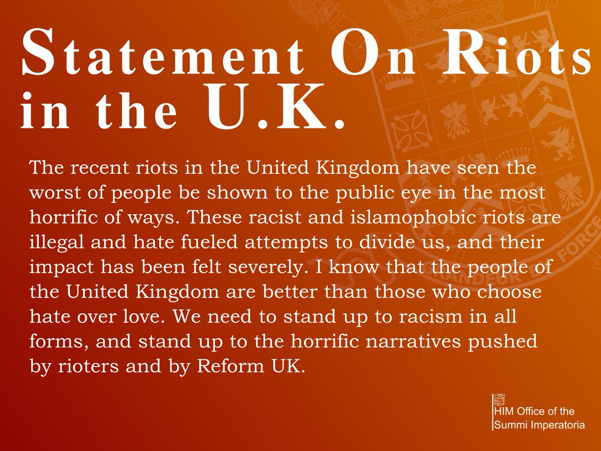 Her Imperial Majesty is clear that the hateful riots in the United Kingdom are not representative of the people, and are instead disgusting attempts to divide us. 

#Cycoldia | #RiotsUK | #StandUpToRacism