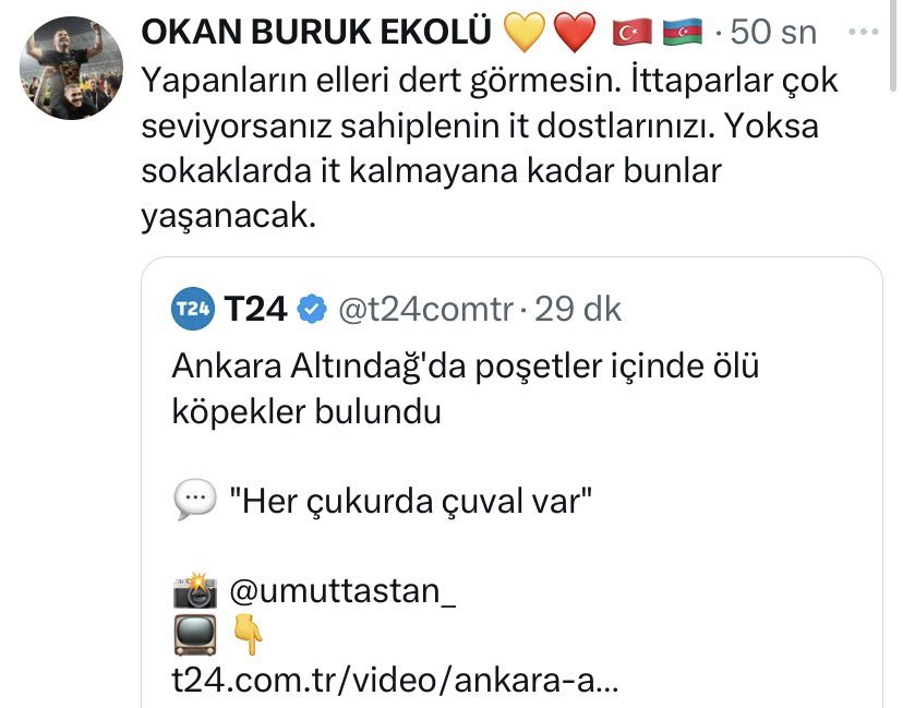 Altındağ'dan parçalanmış, henüz kanı bile akan onlarca köpek görüntüsü geliyor. Böyle bir ölümü zevkle arzulayan şu aşağıdaki gibilere dikkatli bakın. Sadece bir örnek. Yakın gelecekte ülkenin en büyük tehlikesine dönüşecekler. Ve o zaman köpekle de yetinmeyecekler.