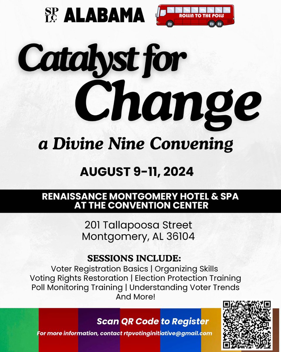 The SPLC's #Alabama State Office is partnering with <a href="/rollin2thepolls/">Rollin to the Polls Voting Initiative</a> to host the Catalyst for Change Divine Nine Convening at the Renaissance Montgomery Hotel.

Join us for a range of informative workshops &amp; more! bit.ly/4cgTHQL