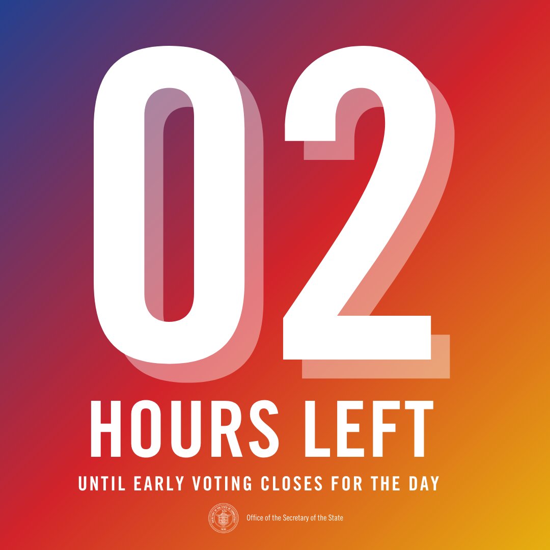CTSotS's tweet photo. There are TWO MORE HOURS of early voting today for the August 13th primary. Remember -- early voting hours today are from 8 AM - 8 PM. Make your plan to get to the polls and get all your election info at https://t.co/sQ9EpSAWvu!

#vote #election #connecticut #primary #earlyvoting https://t.co/3h10MptHNp