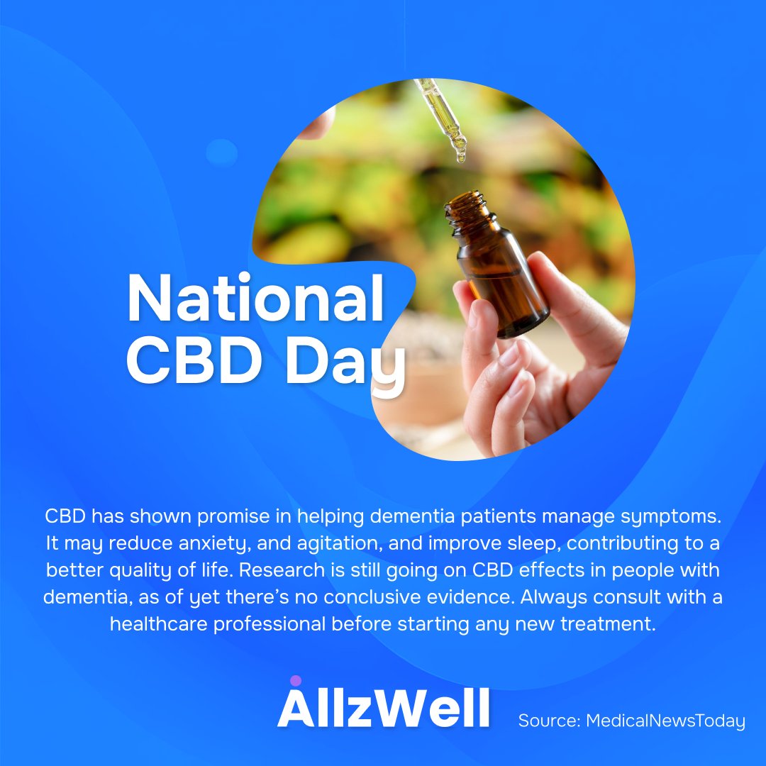AllzWellApp's tweet photo. CBD has shown promise in helping dementia patients manage symptoms. It may reduce anxiety, and agitation, and improve sleep, contributing to a better quality of life. Research is still going on CBD effects in people with dementia, as of yet there’s no conclusive evidence. #CBD https://t.co/GFA3PDl0kh