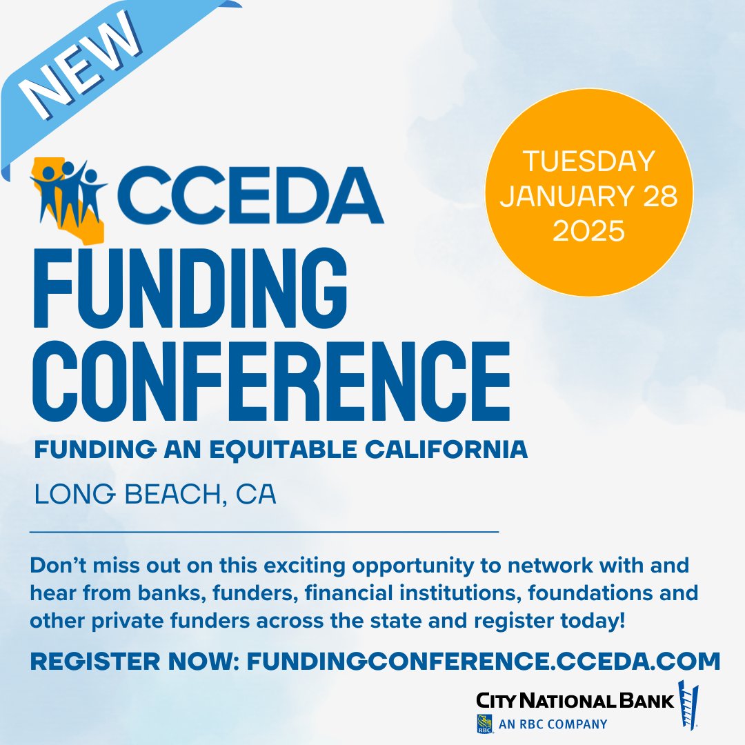 cceda1989's tweet image. 🌟 Exciting News! 🌟 Join us for CCEDA’s first annual Funding Conference, “Funding an Equitable California”! 🎉 Connect with banks and funders focused on supporting low-income communities. Register today! 👉 fundingconference.cceda.com 
#CCEDA #FundingEquity #CommunityDevelopment