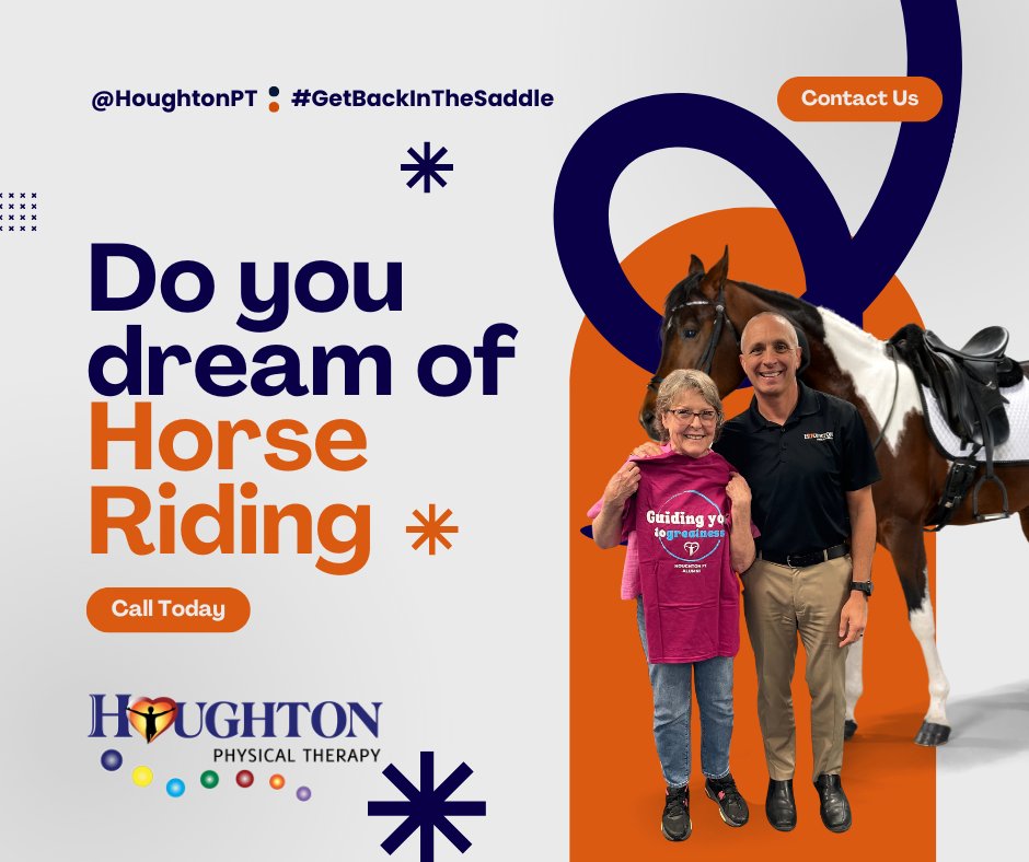 Whether you're a seasoned rider or just starting, we understand that being with horses is your happy place. At Houghton PT, we're here to help you get back on track—or should we say, back in the saddle again! 🏇😉   
Don't rein in your dreams—call us today at 508-223-2300