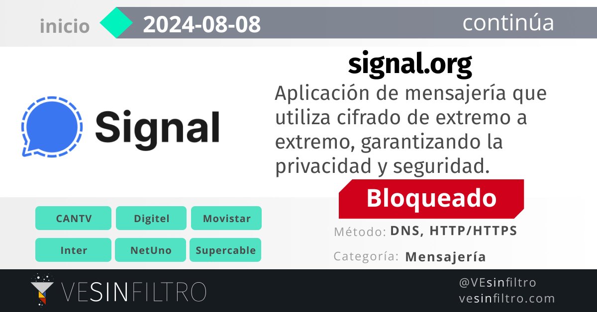 🚨 Bloqueo contra Signal en Venezuela

La página web de <a href="/signalapp/">Signal</a> signal⸱org se encuentra 🛑bloqueada en la mayoría de los proveedores de internet. Comenzó hoy #8Ago a las 3:00 PM hora de Venezuela.

‼️En múltiples ISP, el uso de Signal también está siendo afectado por el