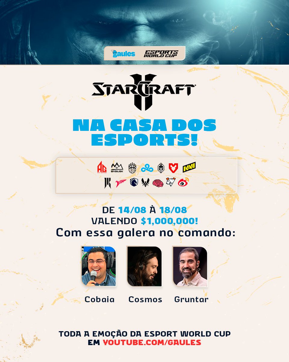 CosmosSc2's tweet photo. Depois de 2 anos de Mundial, chegamos ao seu clímax! E em que o palco, hein? 

Do dia 14 ao 18, na @GaulesTv na twitch e no @Gaules no youtube... @ewc_en , a conclusão da #ESLProTour de Starcraft2.

Com a maior premiação da história, 1 MILHÃO de dólares!

#starcraft #starcraft2 https://t.co/47NkSo4Q12