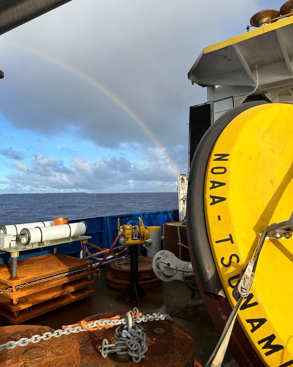 databuoycenter's tweet photo. 🌈 What’s at the end of a rainbow? We see a buoy. 

One of our great treasures, a tsunami station, sits aboard Point Nemo ready to be deployed after months of preparation. #NDBCAtSea https://t.co/41ZZPXQXfq