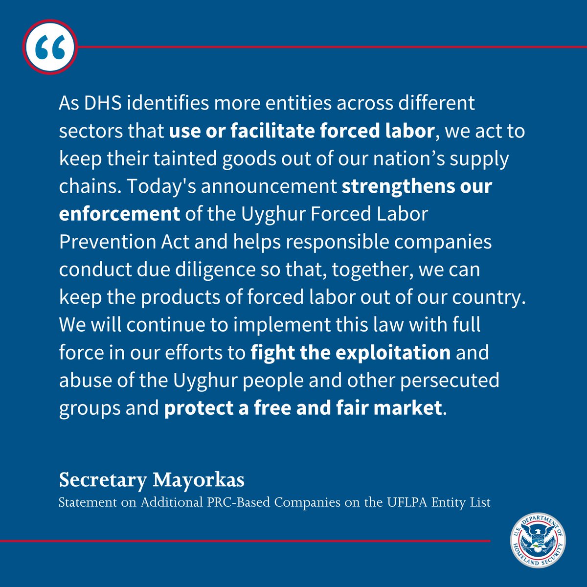 ARCHIVED: Secretary Alejandro Mayorkas (@secmayorkas) on Twitter photo As <a href="/DHSgov/">Homeland Security</a> identifies more entities across different sectors that use or facilitate forced labor, we act to keep their tainted goods out of our nation’s supply chains. As <a href="/DHSgov/">Homeland Security</a> identifies more entities across different sectors that use or facilitate forced labor, we act to keep their tainted goods out of our nation’s supply chains.