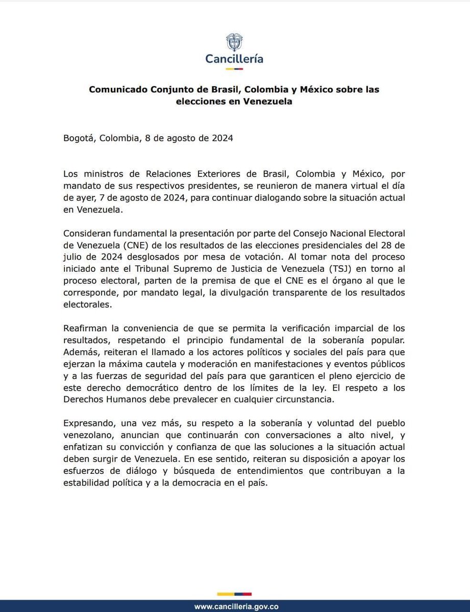AndrewsAbreu's tweet photo. #URGENTE Los Gobiernos de Brasil, México y Colombia publican comunicado en conjunto en el que exigen que el CNE publique los resultados de las elecciones desglosados por mesa de votación y desestiman que el TSJ chavista se involucre. https://t.co/Ii4NvQh6YX