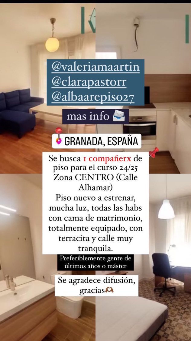 Se busca 1 compi de piso para el curso 2024/2025 en Granada . Mas info, habladme por insta: albaarepiso27 📨

Preferiblemente gente de últimos años o máster. 

#pisosgranada #alquilerpiso #cotilleosugr #ugr #alquilerpiso #granada <a href="/Cotilleos_UGR_/">Cotilleos UGR ❤️</a>
