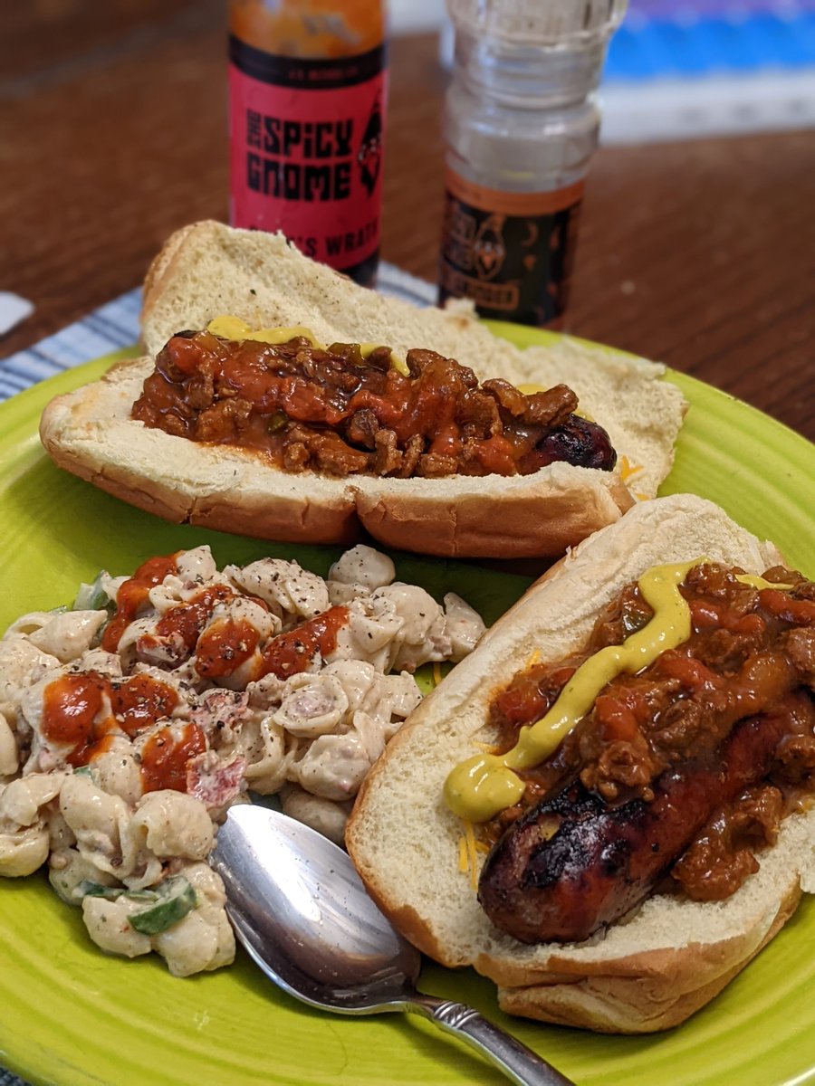 Burnt dogs, some chili, some dill pickle mustard and <a href="/thespicygnome/">The Spicy Gnome™</a> Odin's Wrath on them and pasta salad.