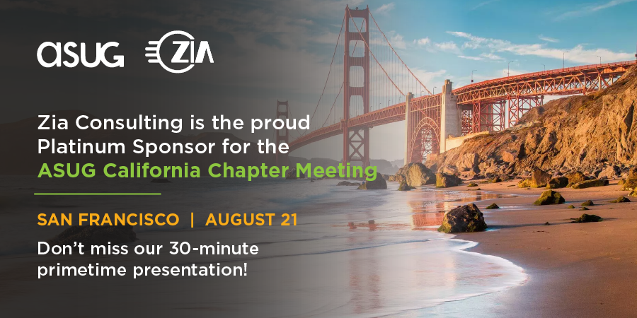 ziaconsulting's tweet photo. Zia is the platinum sponsor for the ASUG Chapter Meeting in San Fransisco on August 21 from 9:00 am-4:00pm at Oracle Park. Mike Mahon will speak from 9:15-945 and is hosting a drink on Zia on August 20 from 4-6:00 pm at the W Hotel on 181 3rd St. RSVP at https://t.co/RECrda0Dnu https://t.co/ZxRYtfJ4yf