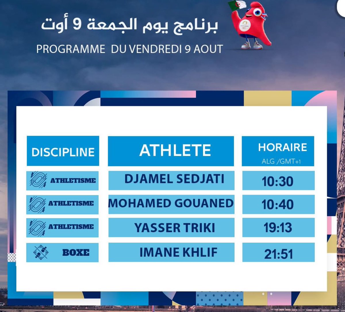 LGDFennec's tweet photo. Très gros programme ce vendredi pour nos Algériens avec de la boxe et de l’athlétisme au menu ! #Sedjati #Triki #Khelif #Gouaned #Paris2024 https://t.co/xugZOAOMRQ