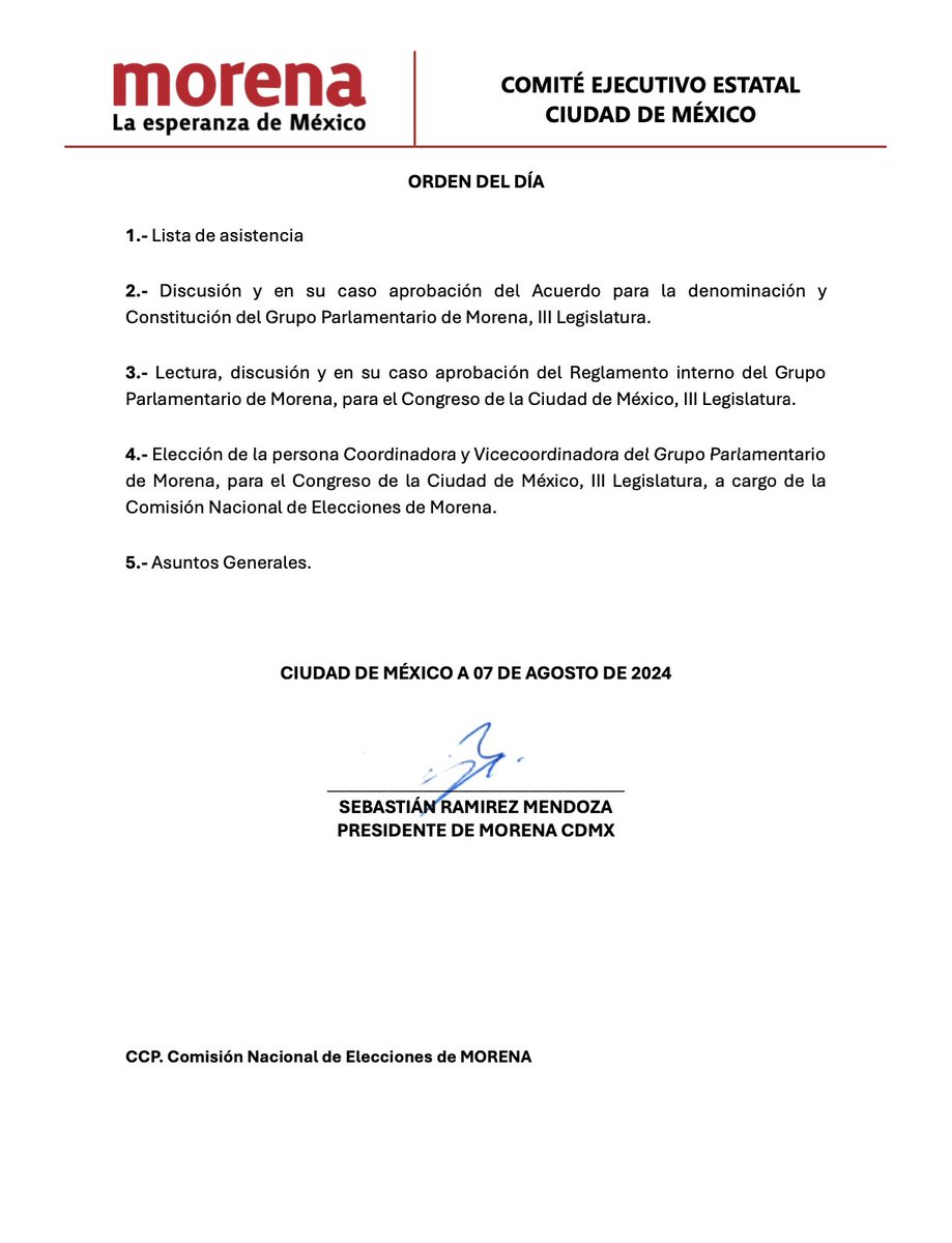 Morena CDMX (@morenaciudadmex) on Twitter photo 📢 Diputadas y diputados locales electos de nuestro partido en la Ciudad de México:
Se comparte la convocatoria y el orden del día a la Sesión Constitutiva y Electiva del Grupo Parlamentario de Morena <a href="/GPMorenaCdMex/">Grupo Parlamentario de Morena en Ciudad de México</a> para la III Legislatura del Congreso de la Ciudad de México 📢 Diputadas y diputados locales electos de nuestro partido en la Ciudad de México:
Se comparte la convocatoria y el orden del día a la Sesión Constitutiva y Electiva del Grupo Parlamentario de Morena <a href="/GPMorenaCdMex/">Grupo Parlamentario de Morena en Ciudad de México</a> para la III Legislatura del Congreso de la Ciudad de México