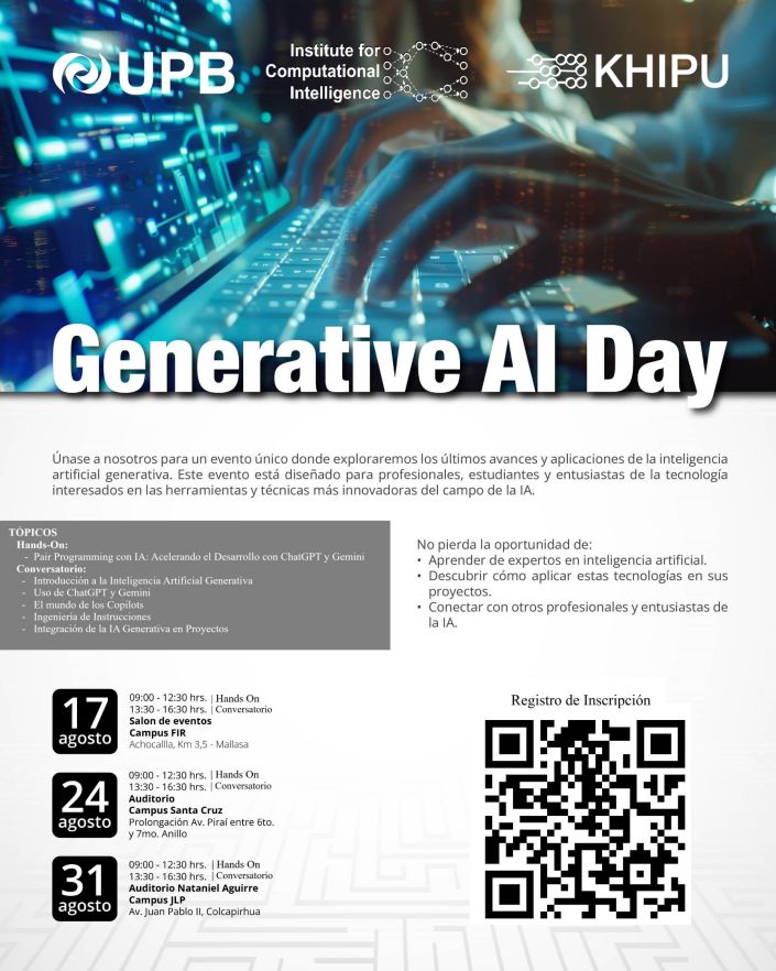¡Estamos emocionados de invitarte al #GenerativeAI Day! Dos eventos diseñados para profesionales, estudiantes y entusiastas que desean estar a la vanguardia de la #tecnología. 📚🚀

🔹 Hands On! Pair Programing con #IAGenerativa
🔹 Conversatorio sobre manejo de la #IAGenerativa