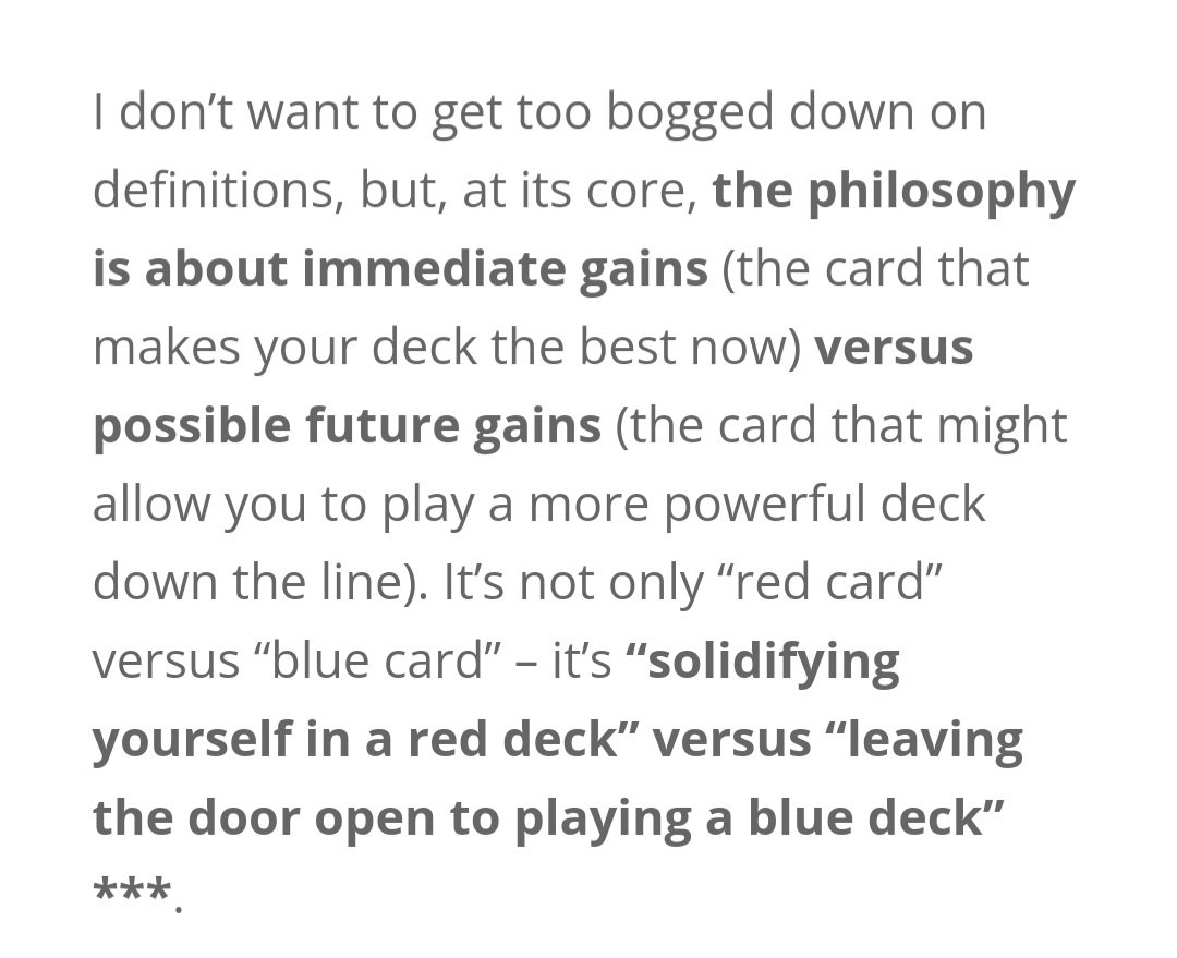 LSXYZ9's tweet photo. Reading the advanced MTG drafting article by world champion @PVDDR  and this part is great. This simple concept described in image 1 is sadly entirely absent when watching pro LoL drafting/metas. 

The second image is also really good in that it establishes the concept of just commitment. All too often teams will pick an off-theme champion as a means to slightly pivot in response to something, but it undermines the entire draft due to lack of synergy.