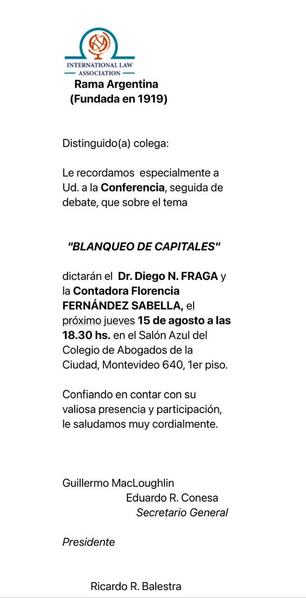 ATENÇAO: el 15/08, con <a href="/FlorFdezSab/">Florencia Fernandez Sabella</a> damos una charla sobre el BLANQUEO en <a href="/ColegioCiudad/">Colegio de Abogados</a> , organizada por la International Law Association.

Dato: la entrada es libre 👇