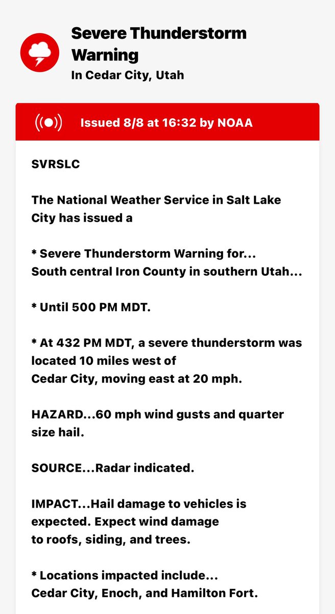 SWUtahWxSpotter's tweet photo. ‼️SEVERE THUNDERSTORM WARNING‼️ South central Iron County in southern Utah until 5 PM. A severe thunderstorm was located 10 miles west of Cedar City, moving east at 20 mph. 60 mph gusts &amp; quarter size hail.
#SevereWeather #southernutah #utwx #utah #WeatherAlert https://t.co/2rbdFPekLI
