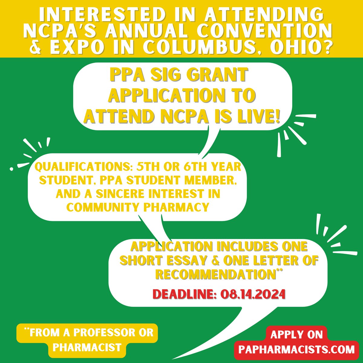 PAPharmacists's tweet image. PPA is offering SIG Grants for PPA student members to attend NCPA's 2024 Conference &amp;amp; Expo in Columbus in October!  Learn more/apply at:  papharmacists.com/page/SIGNCPA Deadline: Aug 14! #PPAatWork