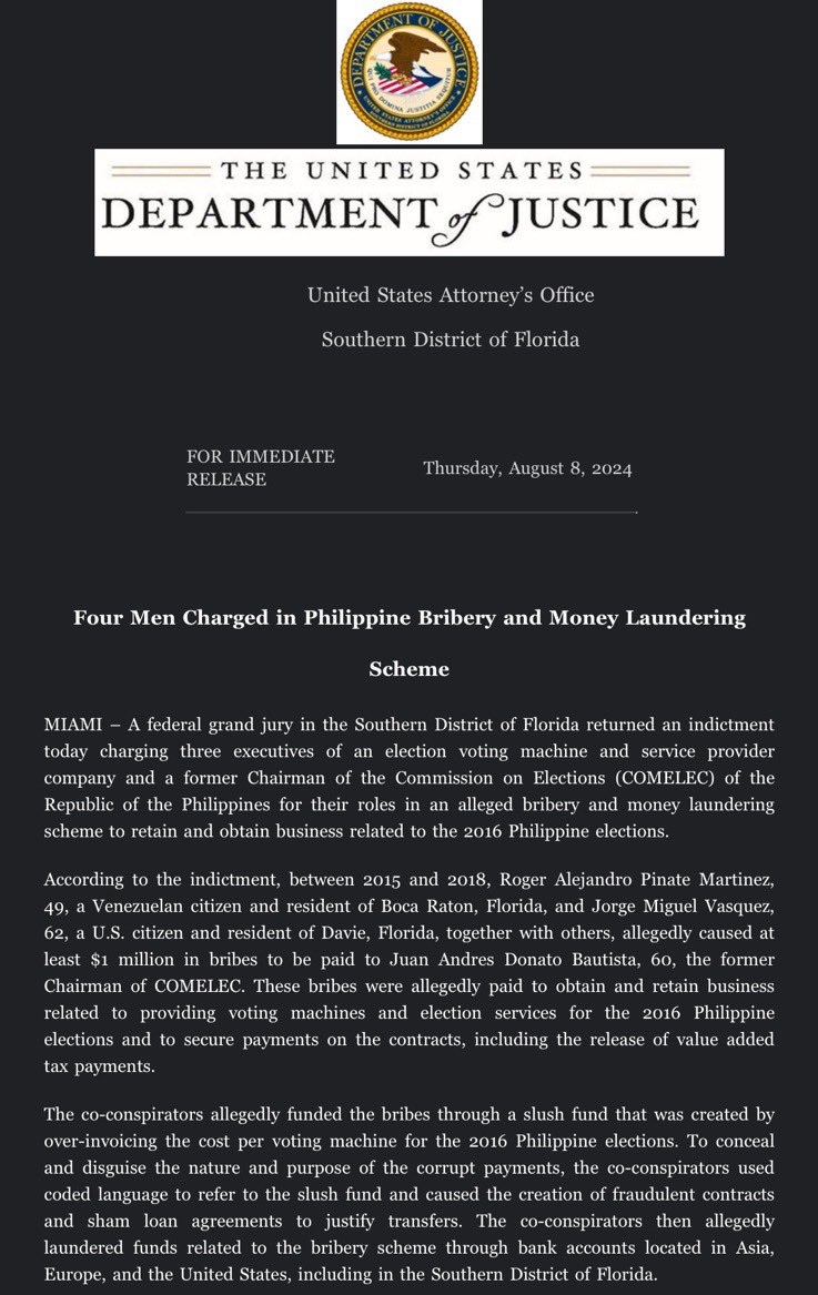 newswatchplusph's tweet photo. BREAKING: Former Comelec Chairman Andy Bautista, three Smartmatic officials face charges by a US federal grand jury in Florida for alleged bribery and money laundering related to the 2016 elections @eimorpsantos https://t.co/Ub2YJhiqXl