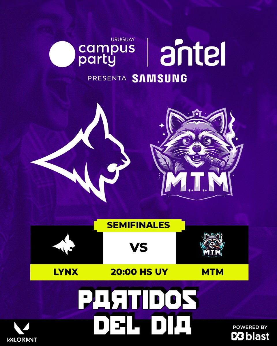 ¡Hoy tenemos Copa Valorant Antel 5G by Samsung!

El enfrentamiento de hoy es <a href="/LynxGamingUY/">Lynx</a> vs MTM 🫡

¿Quién se llevará el pase a la final en <a href="/campuspartyuy/">Campus Party Uruguay</a>?

Te esperamos en el stream 20:00hs 👌
📺 anteltv.com.uy/play/22sfp | twitch.tv/blastgmi