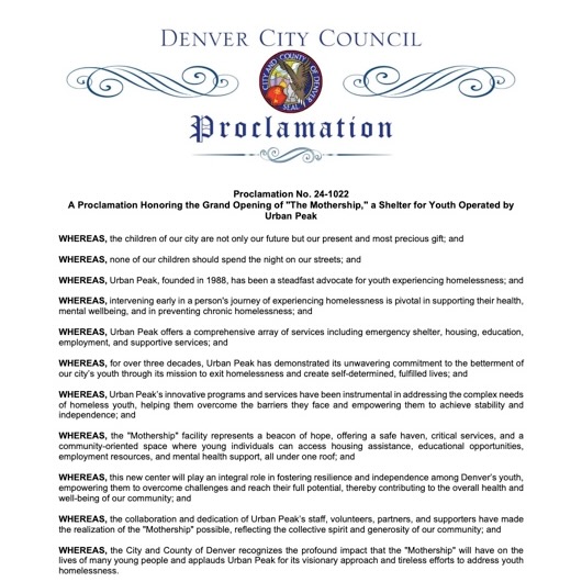 The Denver City Council officially proclaimed August 5, 2024, as “Mothership Day” in recognition of our new campus serving youth experiencing homelessness. Our thanks to the City for their partnership on this important project!