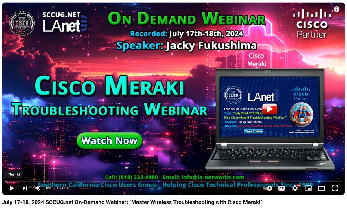 LA_Networks's tweet photo. "Master Wireless Troubleshooting with Cisco Meraki" -  On-Demand Webinar by Jacky Fukushima: https://t.co/jFFdkF3yYq 
In this webinar, you will learn:
🔔 How to handle authentication challenges, signal loss, and client issues and much more https://t.co/RDN4sxjyLd