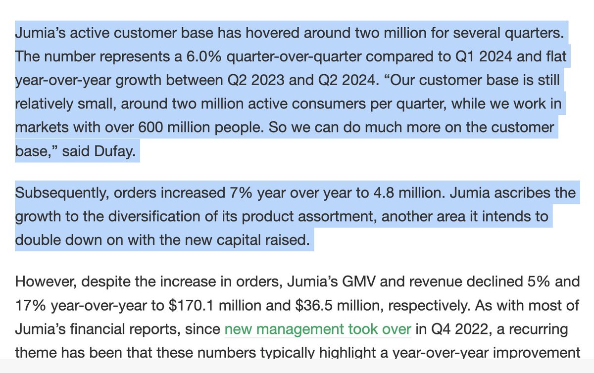 Jumia plans to raise $100M to fuel growth and scale faster.

Despite a dip in share price, the funds will boost its cash position, enhance logistics, and expand its customer base. 

CEO eyes profitability amid market volatility. techcrunch.com/2024/08/06/jum…