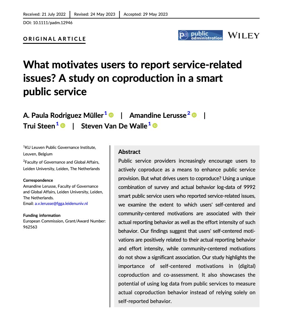 PA Journal (@journal_pa) on Twitter photo What drives users to coproduce?
Find out in "What motivates users to report service-related issues? A study on coproduction in a smart public service" by <a href="/PaulaRMuller/">A.Paula Rodriguez Müller</a> <a href="/AmandineLerusse/">Amandine Lerusse</a> <a href="/TruiSteen/">Trui Steen</a> @StevenVdWalle published in Vol. 102, Issue 2.
onlinelibrary.wiley.com/doi/10.1111/pa… What drives users to coproduce?
Find out in "What motivates users to report service-related issues? A study on coproduction in a smart public service" by <a href="/PaulaRMuller/">A.Paula Rodriguez Müller</a> <a href="/AmandineLerusse/">Amandine Lerusse</a> <a href="/TruiSteen/">Trui Steen</a> @StevenVdWalle published in Vol. 102, Issue 2.
onlinelibrary.wiley.com/doi/10.1111/pa…